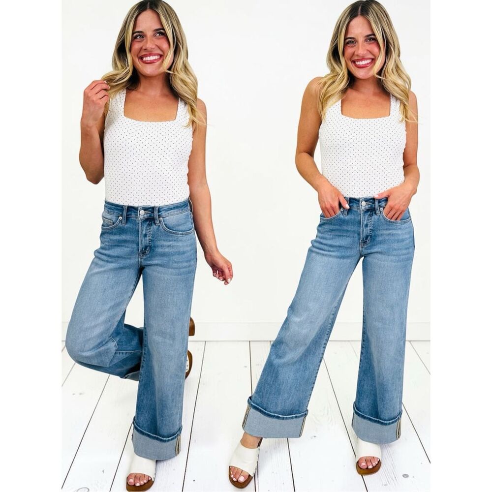 Risen High Rise Tummy Control Ankle Wide Leg Cuffed Jeans Light Medium Wash NWT - Picture 8 of 12